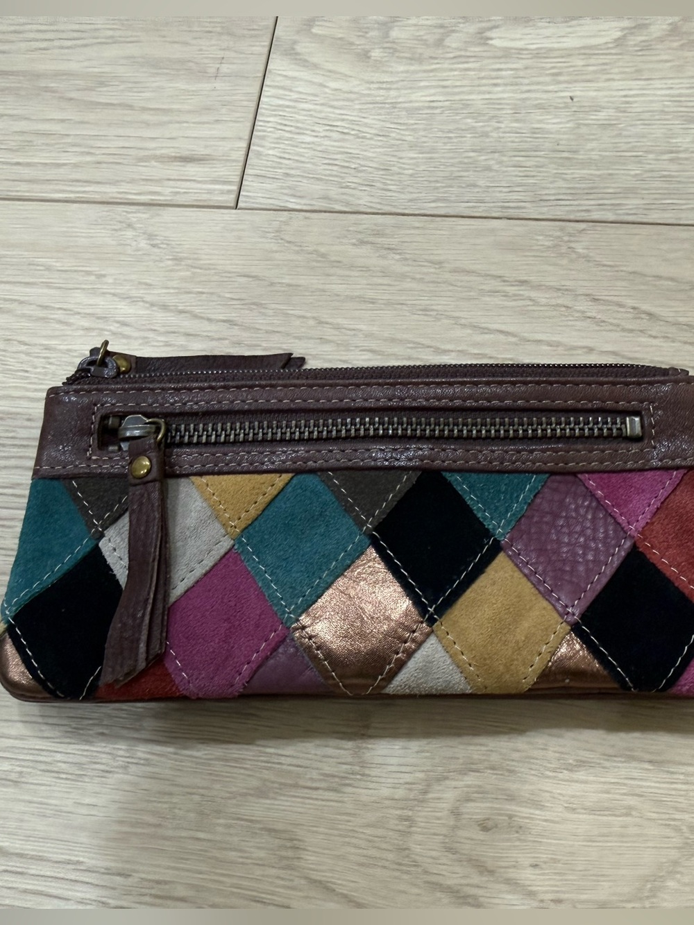 Fossil Multicolor Patchwork Leather Suede Organizer Wallet Brown